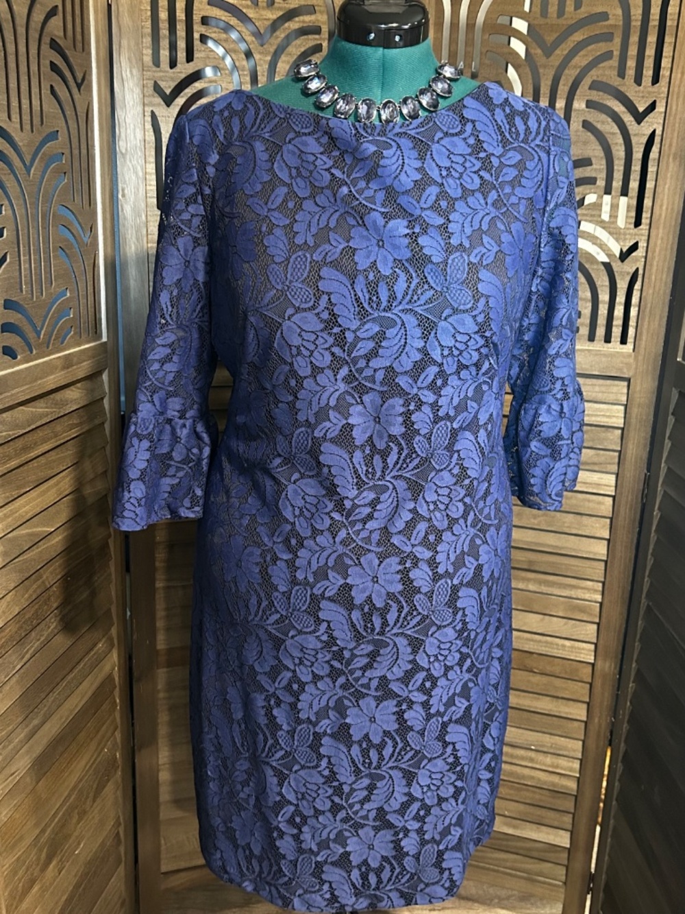 Chaps Blue Floral Lace Sheath Dress 16 3/4 Sleeve Wedding Holiday Gorgeous On
